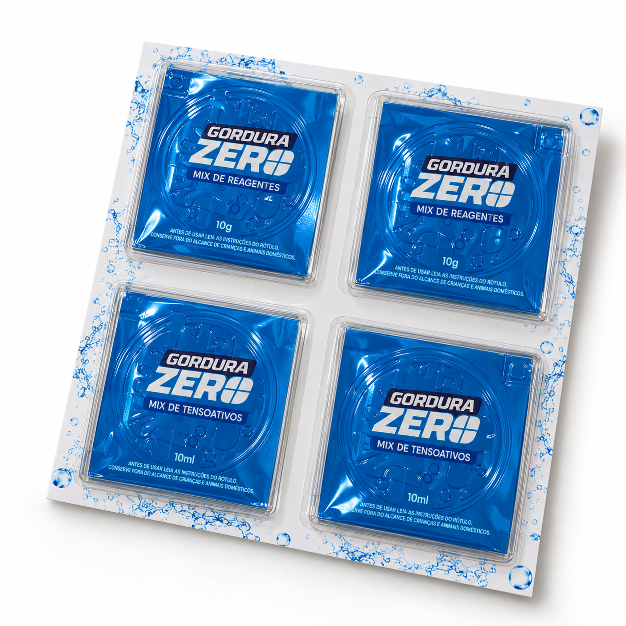 Embalagem atual do Gordura Zero em perspectiva, com os sachês azuis de mix de reagentes e mix de tensoativos.